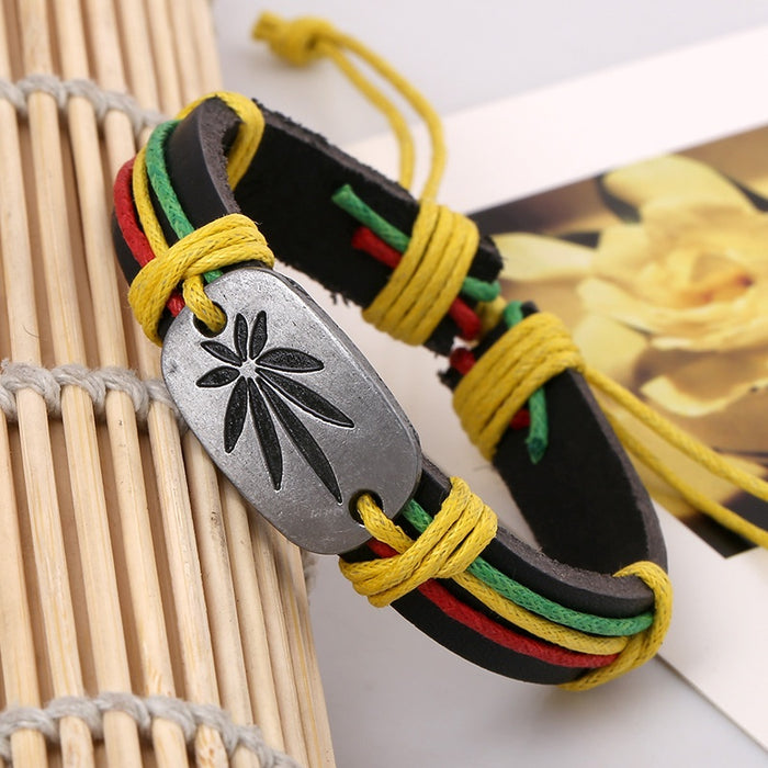 Jamaica Red Yellow Green Large Leaf Genuine Leather Bracelet Hip Hop Street Dance Wristband