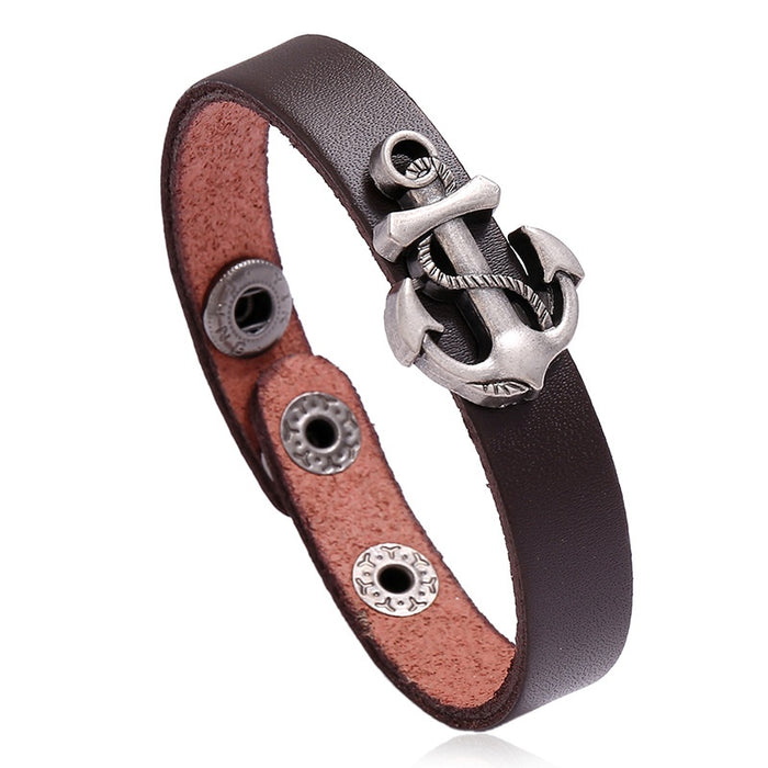 Adjustable Genuine Cowhide Leather Bracelet With Simple Alloy Anchor Charm For Men And Women