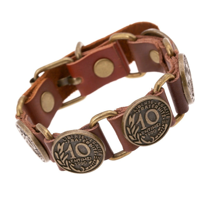 Vintage Alloy Genuine Leather Bracelet, Hip Hop Punk Cowhide Link Wristband Jewelry Accessory