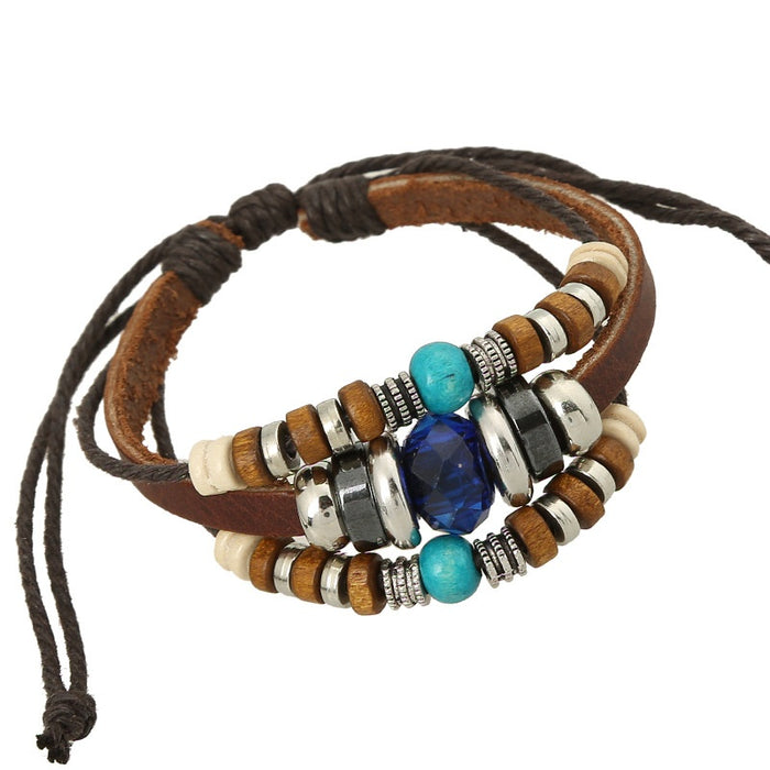 Korean Japanese Style Beaded Genuine Cowhide Leather Bracelet, Fashion Travel Souvenir Jewelry