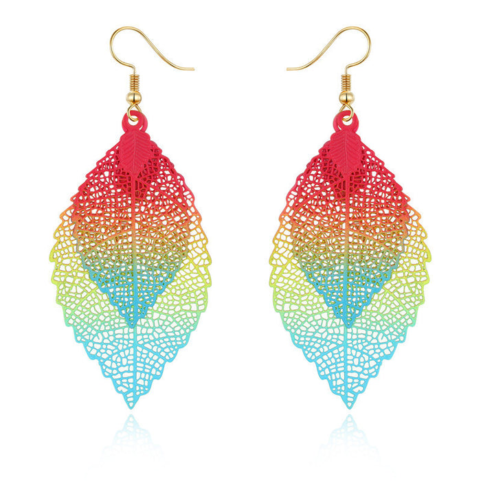 Layered Skeleton Leaf Drop Earrings in Five Metallic Colorways