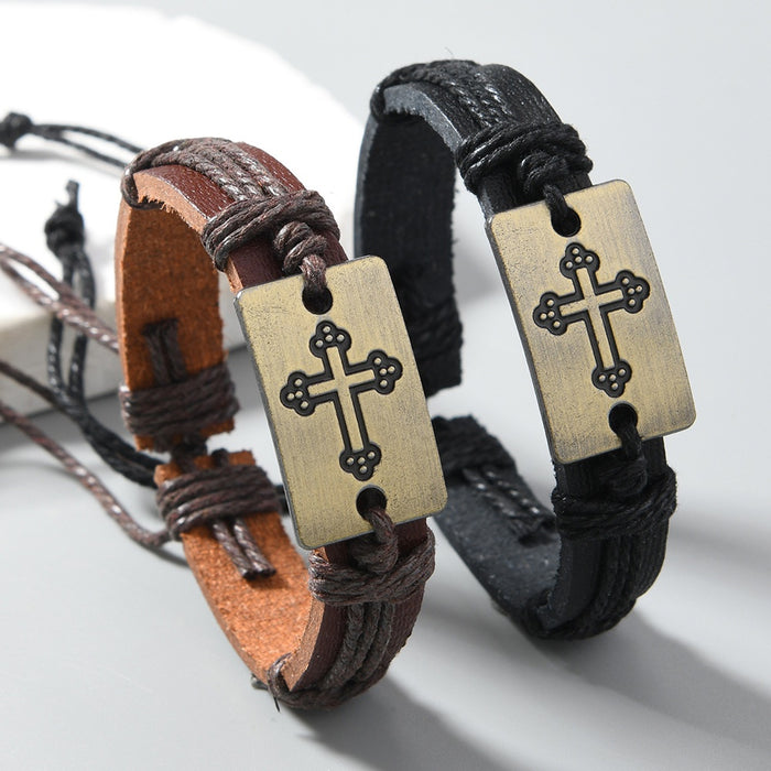 Handmade Braided PU Leather Bracelet For Men, Simple Vintage Adjustable Wrist Jewelry