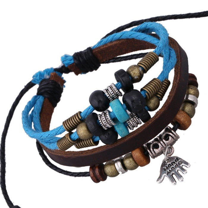 Punk Beaded Genuine Leather Bracelet With Small Palm Charm Cowhide Wristband