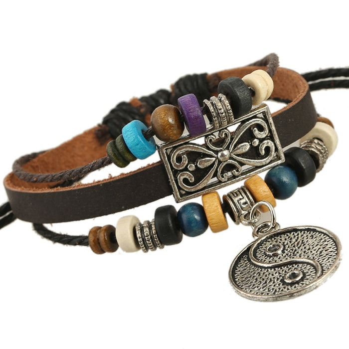 New Beaded Genuine Leather Bracelet With Bagua Pendant, Punk Cowhide Charm Jewelry Accessory