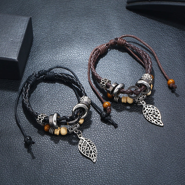 New Multi Layer Beaded Leather Bracelet With Adjustable Slider And Large Leaf Pendant