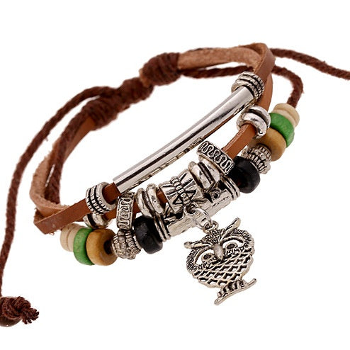 Hot Selling Owl Pendant Beaded Genuine Leather Bracelet Men's Multilayer Cowhide Bracelet