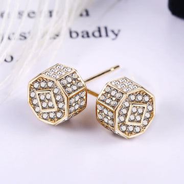 Gold Tone Octagonal Pavé Stud Earrings Polished Metal Jewelry