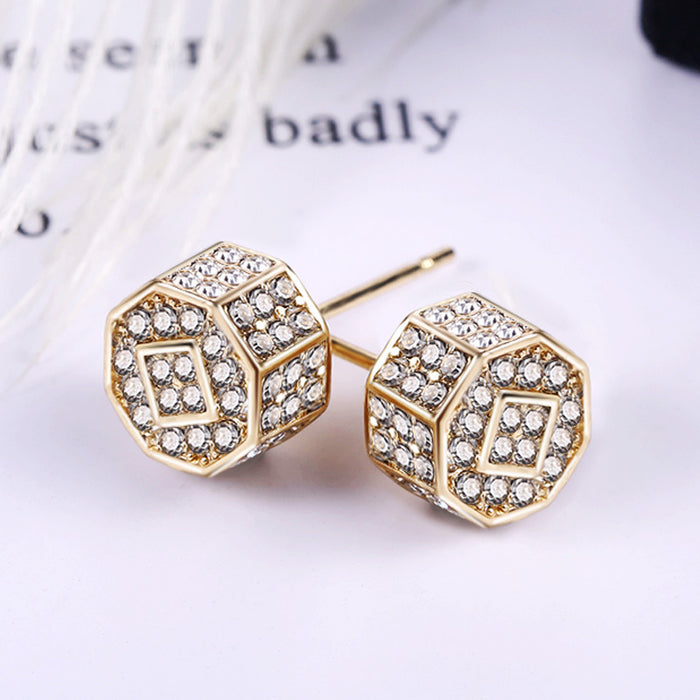 Gold Tone Octagonal Pavé Stud Earrings Polished Metal Jewelry