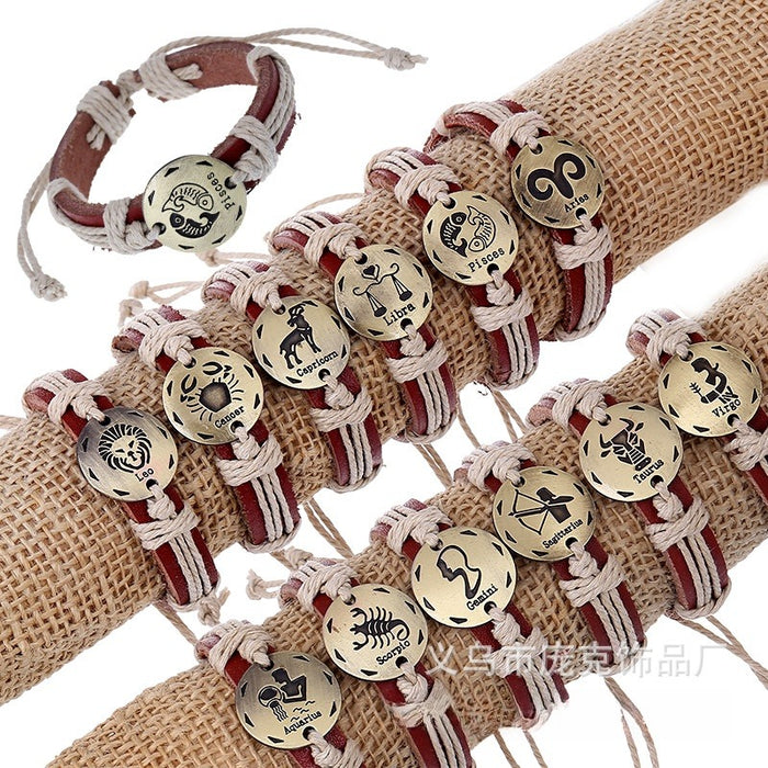Handmade Braided Genuine Leather 12 Zodiac Bracelet Adjustable Student Birthday Gift
