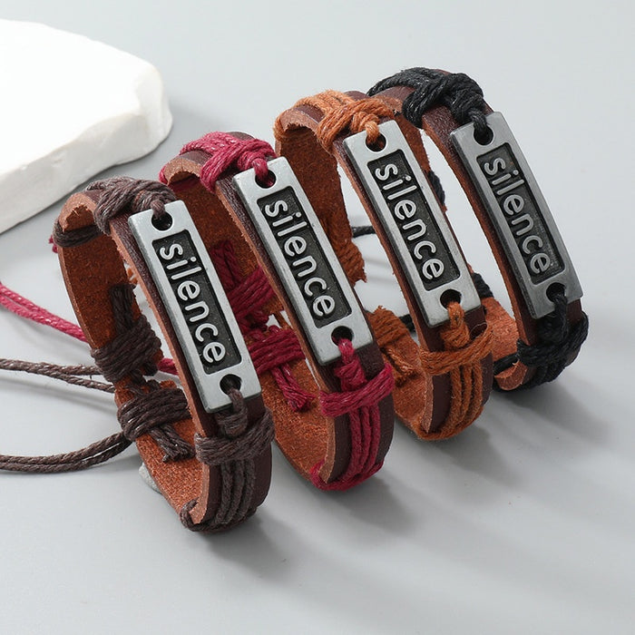 Vintage European Style Alloy And Braided Leather Bracelet With Letter Charm For Men Women