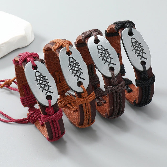 Creative Minimalist Handmade Braided Vintage Leather Fishbone Bracelet With Nautical Ocean Style
