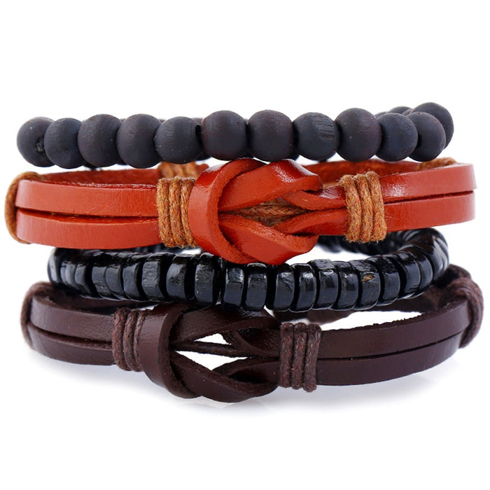European American New Braided Cowhide Wood Bead Bracelet 4 Piece Exotic Vintage Layered Leather Bangle Set