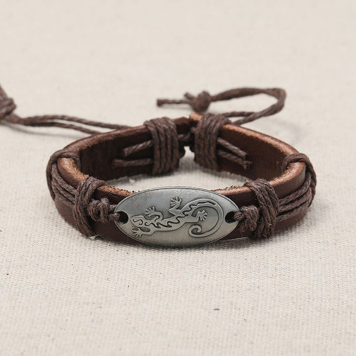 Punk Vintage Handmade Braided Cowhide Leather Bracelet With Multilayer Lizard Pattern Wristband