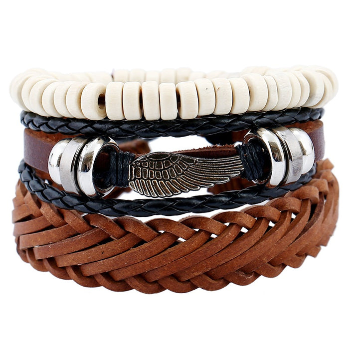 Vintage Braided Three Piece Leather Bracelet Set DIY Wing Charm Men's Jewelry