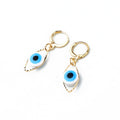Gold Tone Blue Evil Eye Huggie Drop Earrings with Marquise Frame view 5