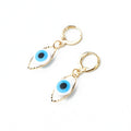 Gold Tone Blue Evil Eye Huggie Drop Earrings with Marquise Frame view 3