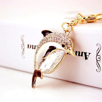 Dolphin Keychain With Gold-Tone Metal, Faceted Insert And Clear Stones