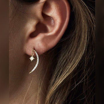 Gold Tone Crescent Moon and Star Drop Earrings Polished Metal Jewelry