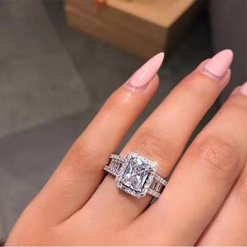 Emerald-Cut Clear Solitaire Baguette Halo Ring Silver Tone