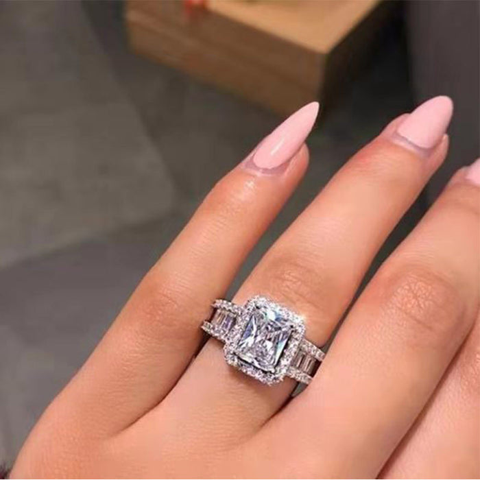 Emerald-Cut Clear Solitaire Baguette Halo Ring Silver Tone