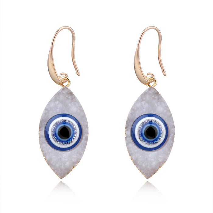 Gold Tone Druzy Evil Eye Long Hook Earrings in Black or White