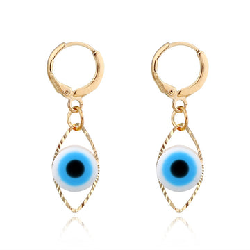 Gold Tone Blue Evil Eye Huggie Drop Earrings with Marquise Frame