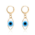 Gold Tone Blue Evil Eye Huggie Drop Earrings with Marquise Frame view 6