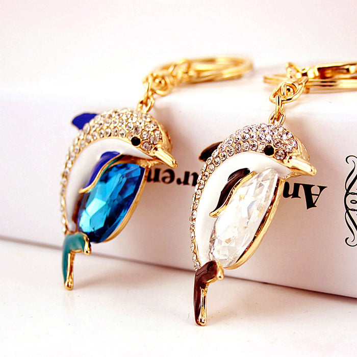 Dolphin Keychain With Gold-Tone Metal, Faceted Insert And Clear Stones
