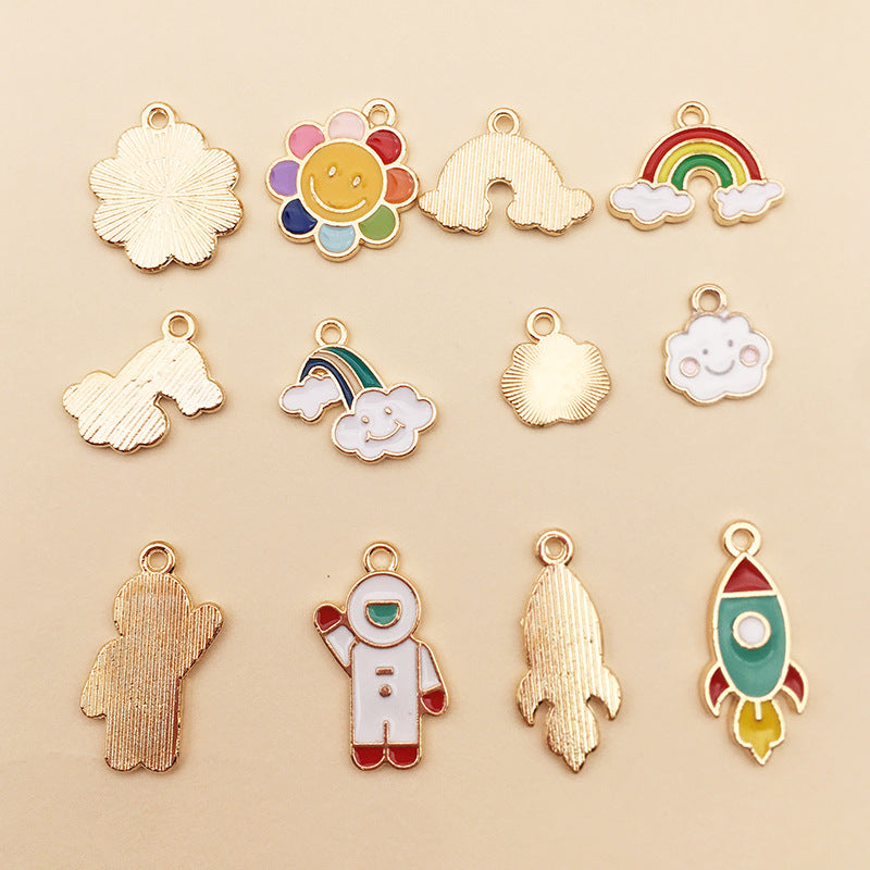 K Gold Enamel Zinc Alloy Astronaut Cloud Rainbow Charm Pendant for DIY Bracelet Jewelry