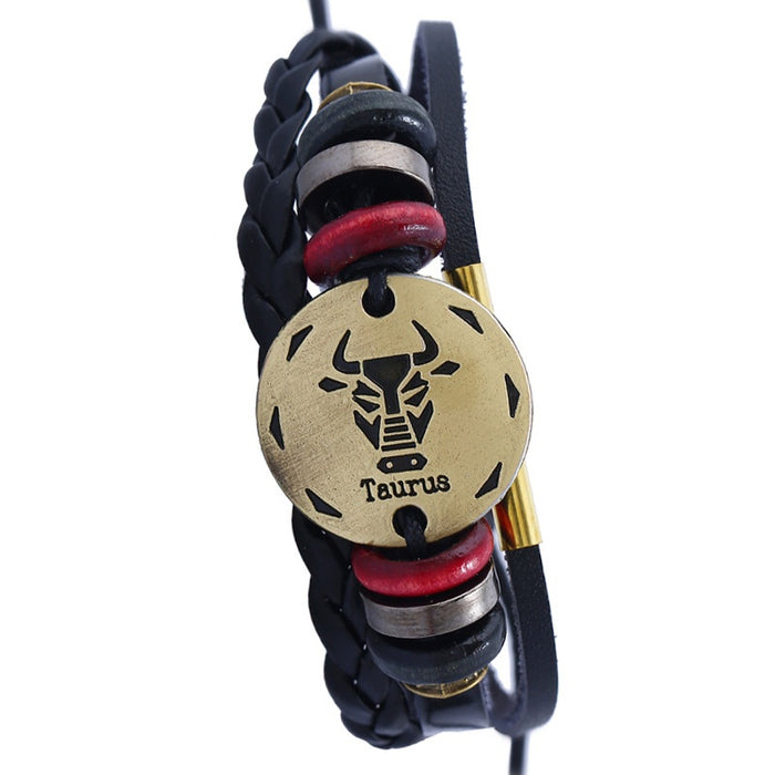 Unisex 12 Zodiac Alloy Beaded Cowhide Leather Bracelet Genuine Leather Jewelry