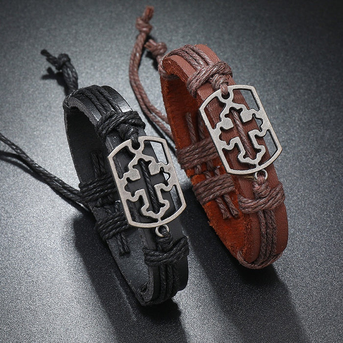 Handmade Woven Cowhide Leather Bracelet, Simple Vintage Men's Leather Wristband Jewelry
