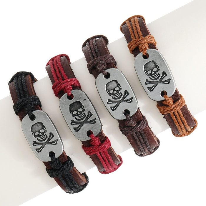 Hot Selling Cross Border Personalized Handmade Braided Vintage Cowhide Bracelet Zinc Alloy Skull Men's Wristband