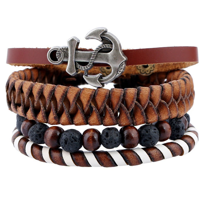 European American Men's Leather Bracelet Set With Lava Stone Wood Beads Vintage Braided Design