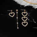 Silver Triple Heart Asymmetrical Long Chain Stud Earrings view 4