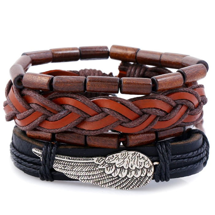 European American Simple Vintage Braided Cowhide Bracelet Set Alloy Wing DIY Men's Multilayer Leather Bracelet
