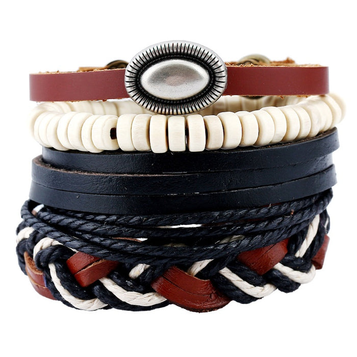 European American Retro DIY Braided Cowhide Hemp Rope Genuine Leather Punk Bracelet For Men