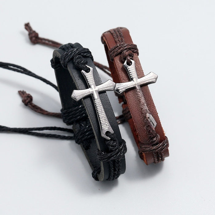 European American Handmade Braided Cowhide Leather Bracelet Simple Adjustable Vintage Wristband