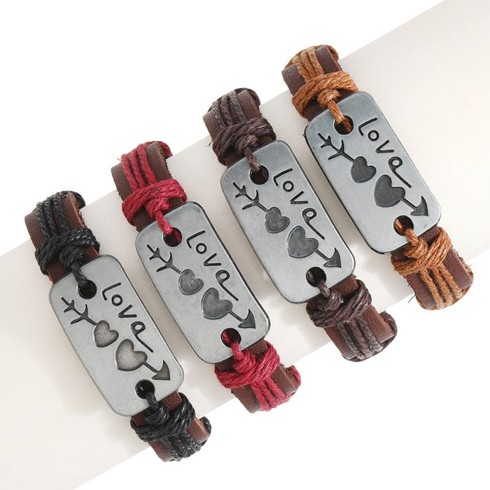 Simple Vintage Braided Alloy Arrow Through Heart Cowhide Bracelet, Creative Couple Valentine Gift
