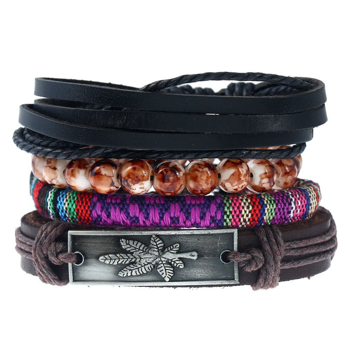 European American Vintage Braided Cowhide Leather Bracelet With Alloy Maple Leaf, Men's Multilayer Set