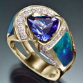 Blue Triangular Stone Enamel Wide Ring In Polished Gold Tone view 1