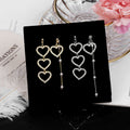Silver Triple Heart Asymmetrical Long Chain Stud Earrings view 2