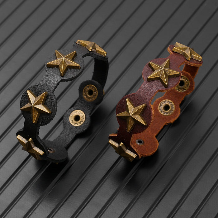 Punk Hip Hop Cowhide Leather Bracelet Adjustable Star Stud Vintage Wristband For Men And Women