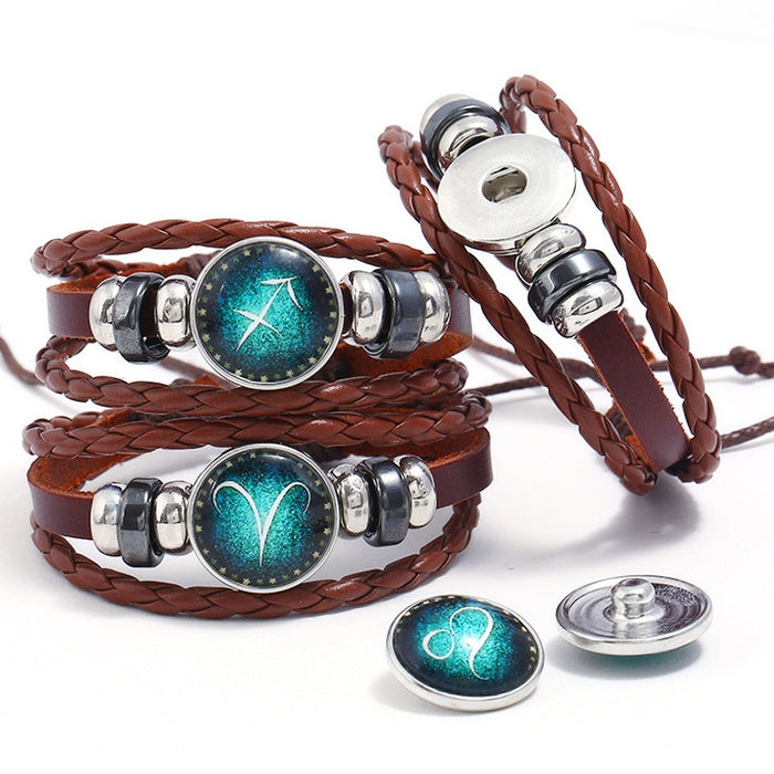 Simple 12 Zodiac Genuine Leather Beaded Bracelet, Vintage DIY Couple Student Birthday Accessory