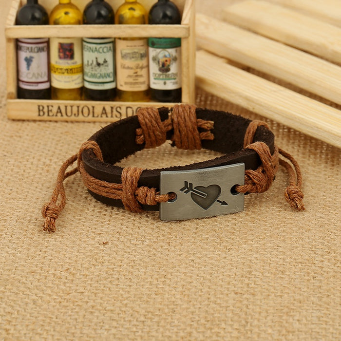 Direct Alloy Arrow Through Heart Cowhide Leather Bracelet, Hemp Rope Braided Genuine Leather Wristband