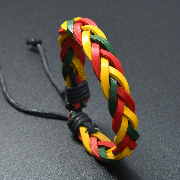 Adjustable Braided Cowhide Leather Bracelet For Men And Women, Red Yellow Green Flag Color Hand Rope