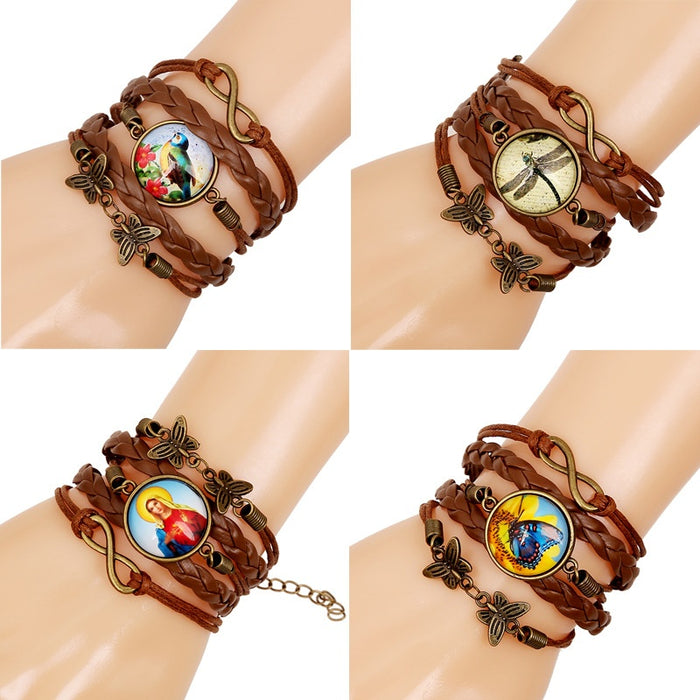 European American Multi Layer PU Leather Bracelet Vintage Time Gem Braided Bracelet
