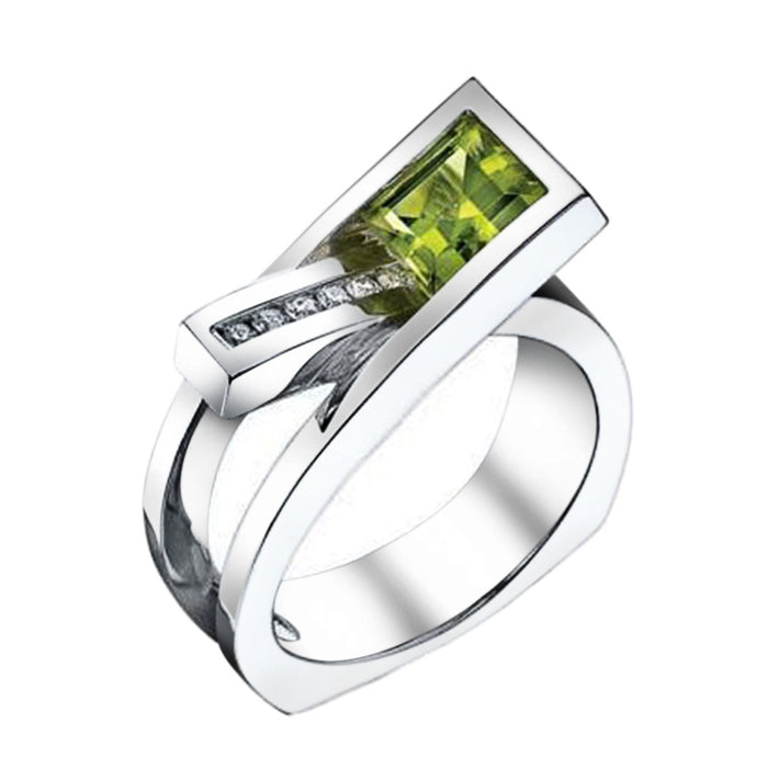 Silver Tone Sculptural Ring with Olive Green Rectangular Stone