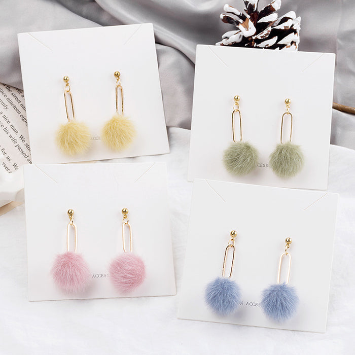 Fuzzy Ball and Open Link Long Drop Earrings in Six Colors