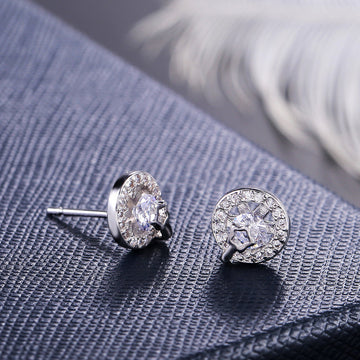 Silver Tone Round Halo Stud Earrings with Clear Stones
