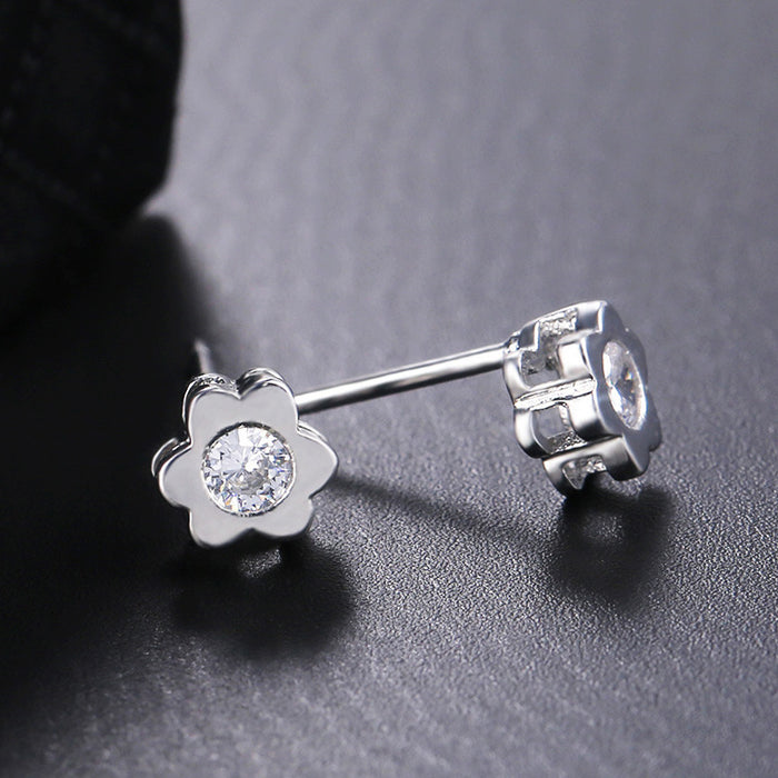 Silver Tone Daisy Stud Earrings with Clear Centers